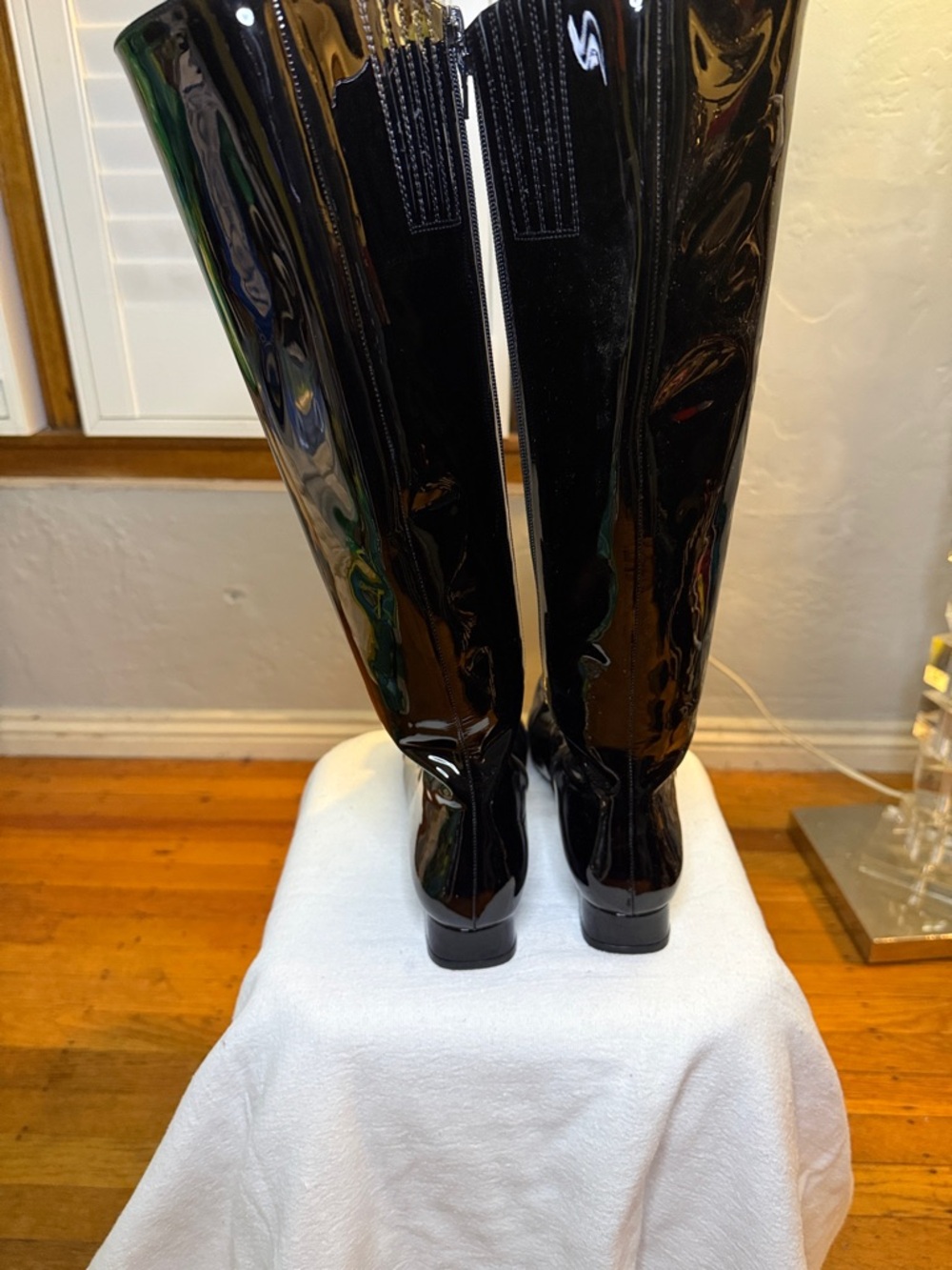 Jeffrey Campbell Black Patent Over-the-Knee Boots with Gold Medallion - Picture 4 of 7